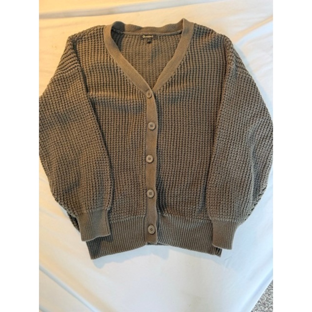 Qualfort Waffle Knit Cardigan Sweater Olive Green Button Front V-Neck Large